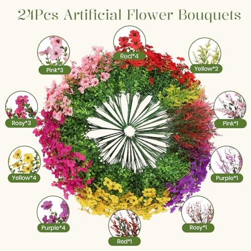 SHareconn 24 Bundles Artificial Flowers for Outdoors Decoration, Faux Plants Fake Silk Colorful Daisy Eucalyptus Lavender, UV Resistant for Outside Home Porch Patio Indoor Spring Decor, Mix 5 Colors - color: Redrosypurpleyellowpink