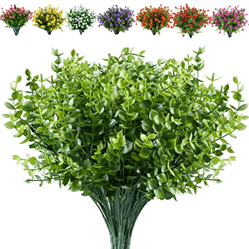 24 Bundles Artificial Eucalyptus Plant Fake Boxwood Shrubs UV Resistant No Fade Faux Greenery for Home Garden Hanging Planter Indoor Porch Patio Office Wedding Decoration(Green) - color: Green
