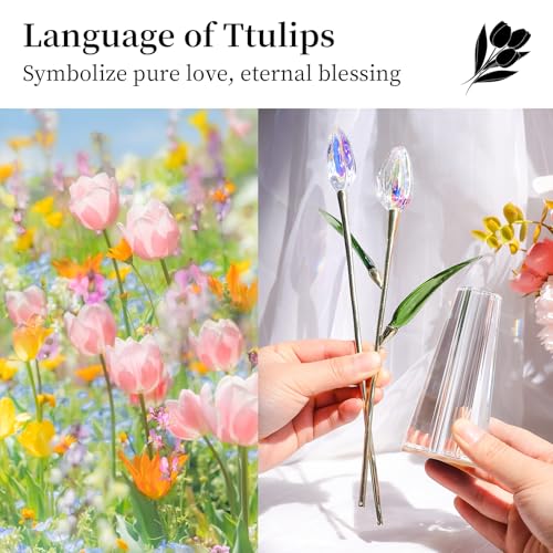 LONGWIN Crystal Tulips Flower Figurine Collectible with Vase Glass Spring Bouquet Flowers with Stem Home Decor Gift for Women Mom - color: Long - Ab Coated