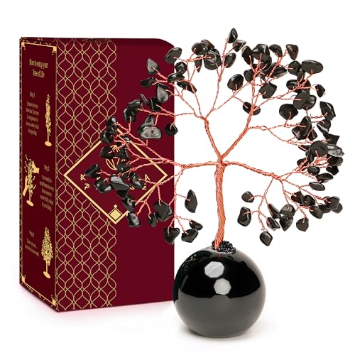 Black Obsidian Crystal Tree of Life Birthday Gifts for Women, Handmade Home Decor, Office, Room Decoration, Reiki Healing Crystal Chakra Tree for Money, Positivity, Good Luck Gifts for Her, Mom & Dad - color: Ball Base Black Obsidian Crystal Tree