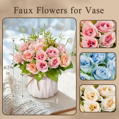 Fake Flowers with Vase,Pink Roses Artificial Flowers in Vase | Faux Flower Plant Arrangement,No Maintenance Faux Flower Arrangement, 6.3 Inch Realistic Table Decor for Home Office Wedding - color: Pink