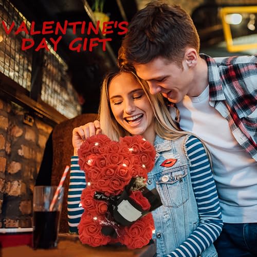 Romantic Valentines Day Gift for Her, Artificial Flowers Bouquet Necklace Rose Teddy Bear with Real Pearl Blind Box Birthday Gift, Valentiness Day Gift for Monther Wife Girl (Red) - color: Red