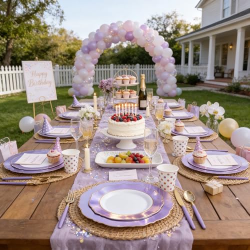 WDF 60pcs Purple Plates Disposable with Gold Rim - Baroque Light Purple Plastic Plates - Lavender Plates for Spring/Wedding/Birthday - color: Purple and White, size: 60PCS