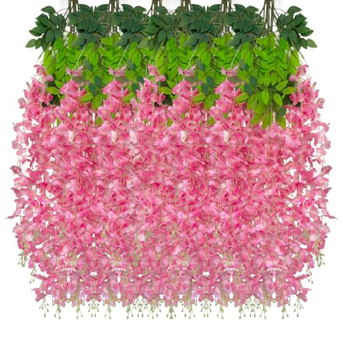 24 Pack Dark Pink Wisteria Hanging Flowers Garland, 3.77 Feet Artificial Flower Vines, Fake Wisteria, Artificial Vines Hanging Garland for Backdrop Outdoor Yard Garden Decor - color: Dark Pink, size: 24 PCS