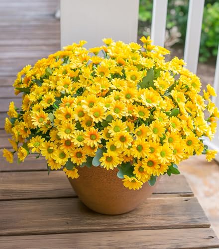 Daisy Artificial Flowers for Outdoors Decoration, 6 Bundles Fake Plants Flowers Bouquet Faux Flowers for Outdoor Planter Look Real UV Resistant Silk Flowers for Outside Front Door Porch Patio, Yellow - color: Yellow