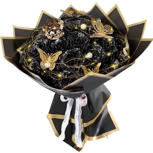 Black Glitter Roses Bouquet, 24 Pcs Shiny Glitter Flowers Bouquet, Everlasting DIY Artificial Roses Bouquet for Christmas, Birthday, Anniversary, Wedding, Engagement - color: Black-a, size: 24 PCS