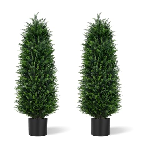 Grooy Artificial Cedar Trees, 4FT Tall Faux Tree Potted Plants with Trunk 48in Fake Cypress Tree for Indoor Outdoor Front Porch Garden Decor-2pack
