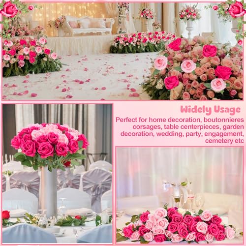 36 Pcs Pink, Hot Pink Artificial Roses with Long Stems, Fake Silk Rose Artificial Flowers Bulk for Bridal Wedding Bouquet Centerpiece Ball Arrangement Party Decor - color: Pink,hot Pink