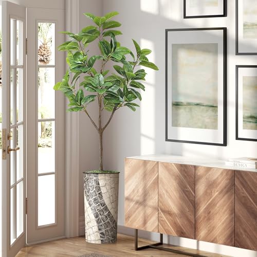 Artificial Tree in Geometric Pattern Planter, Fake Rubber Silk TRE for Indoor and Outdoor Home Decoration - 70" Overall Tall (Plant Pot Plus Tree) - style: Magnolia Tree