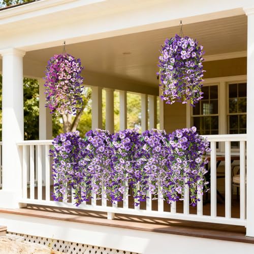 Fake Artificial Flowers for Outdoors, 4 Pcs Faux Hanging Pansy Flowers Spring Summer Decor, UV Resistant Fake Plants Silk Flower for Planter Front Door Porch Patio Yard Garden(Gradient Double Purple) - color: Double Purple