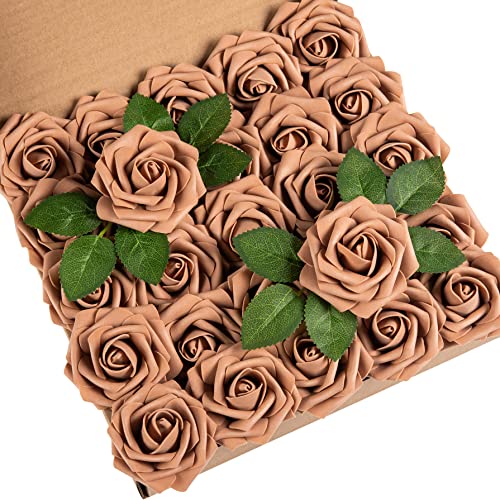DuHouse 25Pcs Artificial Roses Flowers Fake Roses with Stems Real Touch Foam Flowers for DIY Wedding Bouquet Party Centerpiece Floral Arrangement Party Home Decor (Coffee) - color: Coffee, size: 25pcs