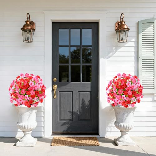 Waipfaru Set of 2 Artificial Boxwood Topiary with Colorful Flowers, 23" UV Resistant Fake Bushes Faux Outdoor Plants, Artificial Shrubs with Ground Spike for Outdoor Garden Front Porch(Red, Pink) - color: Red, Pink