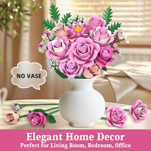 Pink Rose Bouquet Flowers Building Set, 834Pcs Roses Artificial Flowers Botanical Collection Kit for Adults Women & Men Gift for Xmax Gifts for Birthdays for Her Compatible with Lego Flowers