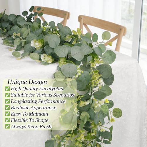 HUZIYAHAN Eucalyptus Garland Faux Silk Leaf Silver Dollar Artificial Greenery Fake Eucalyptus Leaves Garlands for Table Wedding Party Indoor Outdoor Arch Wall Mantle Room Home Decoration (1, 5.5 FT)