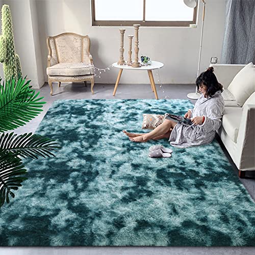 DweIke Fluffy Peacock Blue Rugs for Bedroom Living Room, 3x5 Feet Soft Plush Shaggy Tie-Dyed Teal Blue Girls Boys Kids Rug, Upgraded Non-Slip and Machine Washable Carpet for Dorm Nursery Decor - color: Peacock Blue, size: 3 Ft X 5 Ft