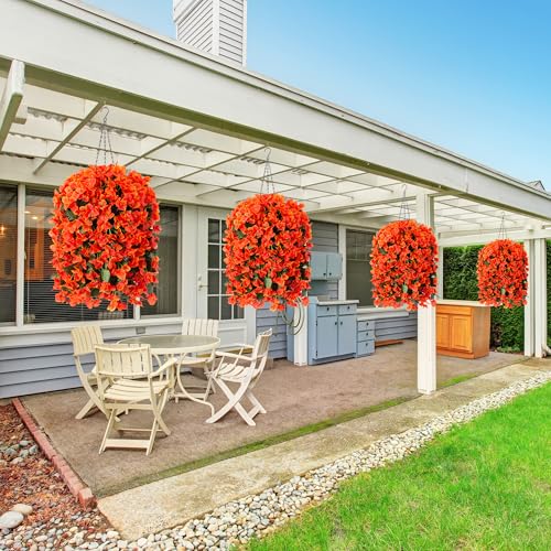 INSPRING Artificial Bougainvillea Faux Flowers Plants Baskets for Outdoor Outside Decoration, 3PCS Fake Silk Flowers Long Trailing Vines UV Resistant Realistic for Front Door Porch Patio (Orange) - color: Orange