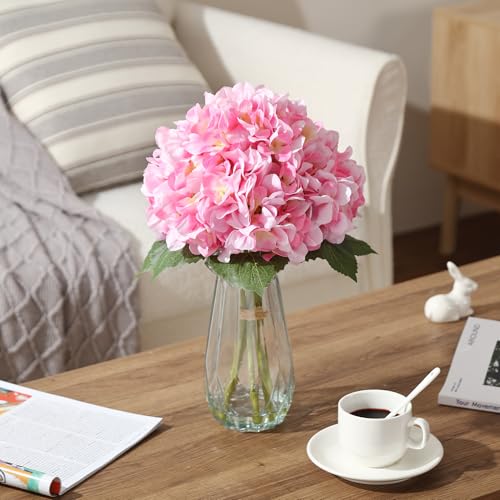 5-Piece Artificial Hydrangea Arrangement in Glass Vase - Fade-Resistant Silk Flowers with Faux Water for Table Centerpieces - color: Multi-hydrangea Stem in Vase, size: Pink