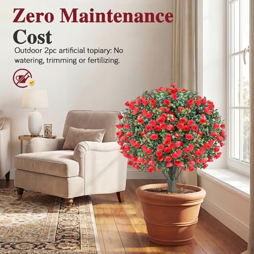 PATIO CHOICE Topiary Trees Artificial Outdoor Boxwood Ball Trees with Rose Set of 2 22" Fake Outdoor Plants Faux Bushes and Shrubs Decorations for Outdoor Indoor Front Porch Garden - color: Rose, size: 22in