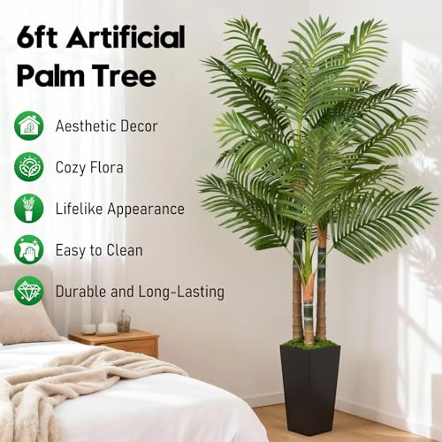 6ft Artificial Palm Tree Indoor Plant，Triple Faux Tropical Areca Floor Plant in Pot，Artificial Plants with Lifelike Leaves for Home Office Decor - color: Black, size: 6ft