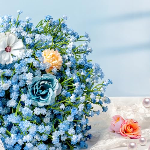 Babys Breath Artificial Flowers, 25Pcs Blue Baby Breath Flowers Artificial Bulk, Real Touch Faux Babys Breath, Fake Babies Breath Gypsophila for Wedding Floral Arrangement Party Home Decor