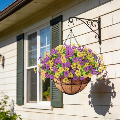 Artificial Fake Hanging Flowers Plants Basket Outdoors, Faux Silk UV Resistant Look Real Daisy Eucalyptus for Spring Summer Garden Porch Home Patio Balcony Yard Decorations, Yellow Purple - color: Yellow and Purple