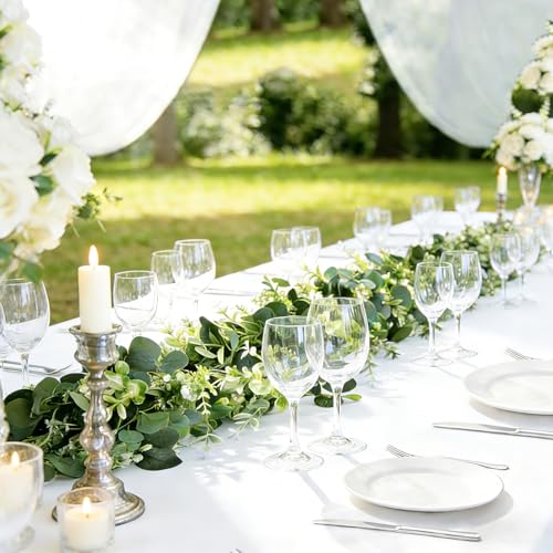 Eucalyptus Garland with White Flowers 4Pack: 5.9Ft Artificial Faux Greenery Vines for Table Runner Wedding Bedroom Mantle Centerpieces Backdrop Decorations - size: 4pack