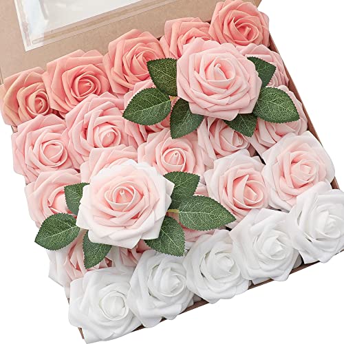 Floroom Artificial Flowers 25pcs Real Looking Blush Ombre Colors Foam Fake Roses with Stems for DIY Wedding Bouquets Bridal Shower Pink Centerpieces Floral Arrangements Party Tables Home Decorations - color: Shades of Blush