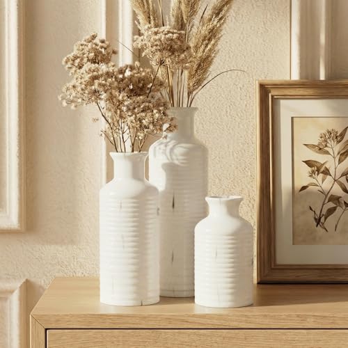 Firehold Ceramic Vase Set of 3, Flower Vases for Home Decor, Neutral Rustic Modern Farmhouse Vase, Decorative Centerpieces for Table Bookshelf Mantel Kitchen Living Room Office - color: 02-white