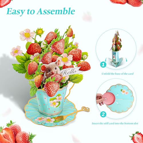 Airpark Pop Up Flower Bouquet Card for Women, 3D Floral Greeting Card with Envelope and Note, Birthday Thank You Thinking of You Get Well Gift for Mom Friend Wife Teacher, Strawberry - style: Strawberries