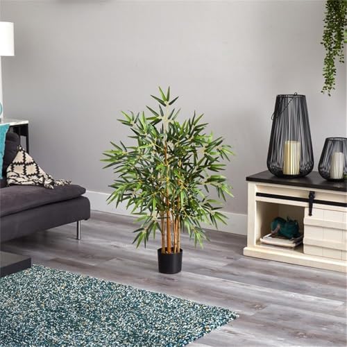Pemberly Row 36" Multi Bambusa Bamboo Silk Tree, Green Leaves, Natural Bamboo Trunks, Black Planter, 500 Leaves, 3 Ft Tall Faux Plant for Home or Office Decor