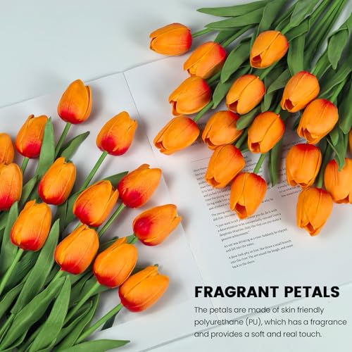 30 PCS Artificial Tulips Real Touch Tulips 13.5inch Long Stem Fake Flowers Silk Flowers for Spring Easter Mother's Day Decorations (Sunset) - color: Sunset