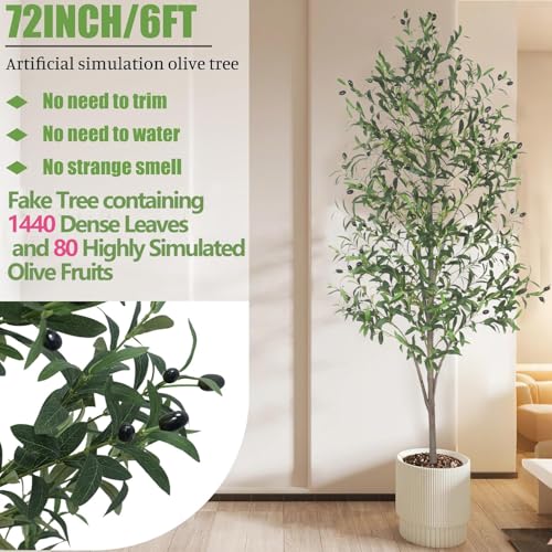 Artificial Olive Tree with White Pot,6FT high, Fake Tree containing 1440 Dense Leaves and 80 Highly Simulated Olive Fruits, Suitable for Home Office Living Room Floor Decoration - color: A
