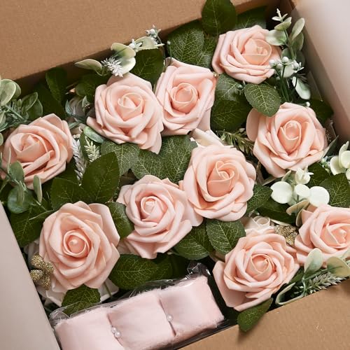 Wedding Aisle Decorations - Set of 10 Pew Flowers - Artificial Roses & Eucalyptus - Pink & Cream - 5.5" x 13" - Elegant Traditional Modern Style - Chair Flowers - color: Pink