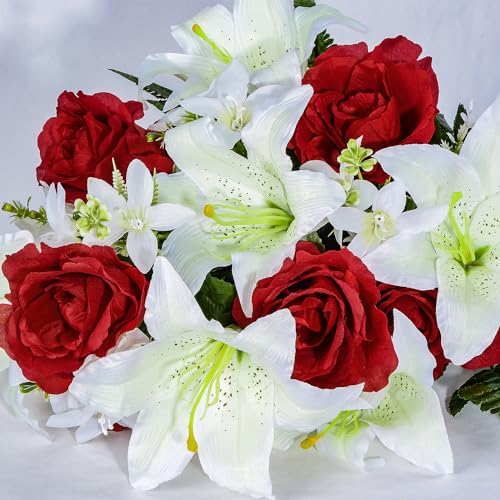 XONOR Artificial Cemetery Flower for Graves, Set of 2 Cemetery Memorial Flowers with Vase for Gravesite Outdoor Headstone Tombstone Decorations, White Lily Red Rose Flowers Bouquets - color: White