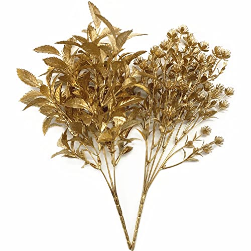CATTREE Artificial Gold Plants for Christmas, Golden Leaves Plastic Faux Gypsophila Fake Simulation Baby Breath Flowers for Home Indoor Outdoor Wedding Decoration Hall Table Planter Filler 4 Pack - color: Gold Leaves- 2 Pcs & Gold Gypsophila- 2 Pcs