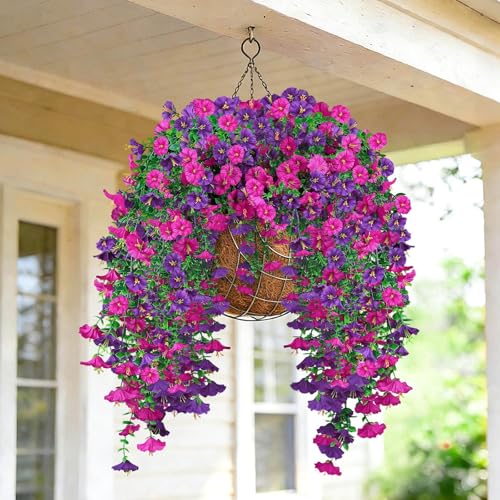 Artificial Hanging Flowers for Outdoors, 4Pcs UV Resistant Artificial Hanging Morning Glory Flowers, Spring Realistic Faux Outdoor Flower for Porch Patio Yard Garden Farmhouse Decor (Purple+Fuchsia) - color: Purple+fuchsia