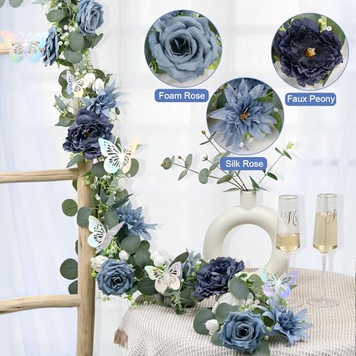 Eucalyptus Garland with Flowers - 4 Pack 5.9 FT Fake Flower Garland with Butterflies Faux Rose Greenery Garlands for Wedding Table Backdrop Arch Centerpieces Decorations - Navy Blue - color: Navy Blue, size: 4 Pack