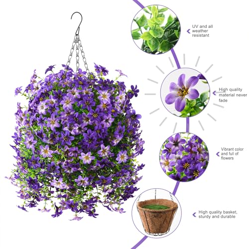 Artificial Hanging Baskets Outdoor, 4 Bundles Artificial Hanging Flowers Outdoors Spring Summer Decoration, No Fade Realistic Fake Hanging Baskets for Porch Patio Balcony Home Yard Decor - color: Purple Gradient Purple
