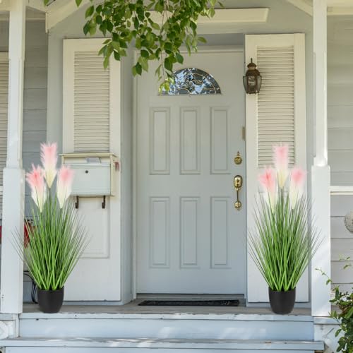 Jexine 2 Pcs 4 ft Artificial Tall Grass Plants for Outdoor Faux Tall Grasses Plant with Reed Flowers Potted Fake Greenery Plants for Housewarming Gift House Garden Lobby Outdoor Decoration (Pink) - color: Pink