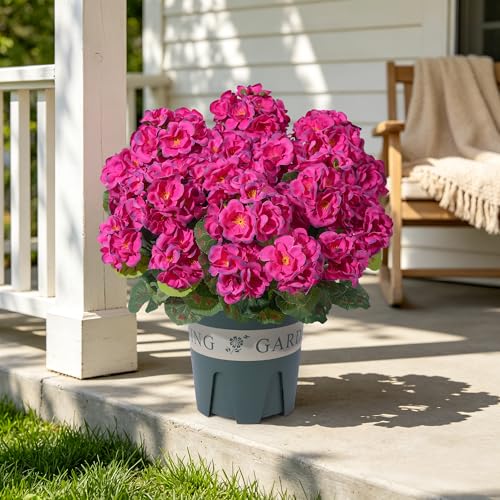 Geraniums Artificial Flowers for Outdoors, 2 Pack Potted Plants Fake Geranium Bush Realistic Fake Flowers UV Resistant Faux Flowers for Outdoor Planters Outside Gardens Front Door Yard Indoor, Fuchsia - color: Fuchsia