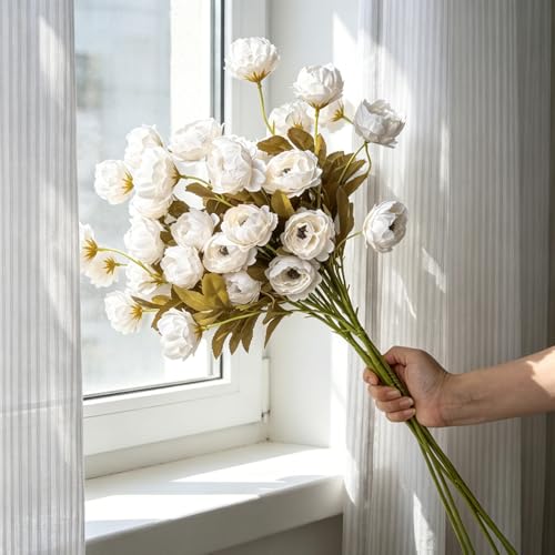 LESING Artificial Peony for Vase, 6 Pcs Fake Peonies 28'' Faux Silk Flowers Bulk Branches with Stems for Tall Vase Home Decoration Table Centerpiece (White) - color: White