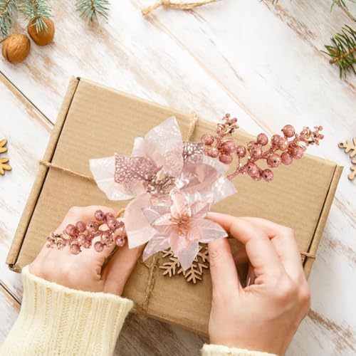 48PCS Christmas Tree Decorations Set, Rose Gold Christmas Ornaments Set Includes Ball, Artificial Poinsettia Flowers and Berries, for Xmas Tree Decor (Rose Gold)