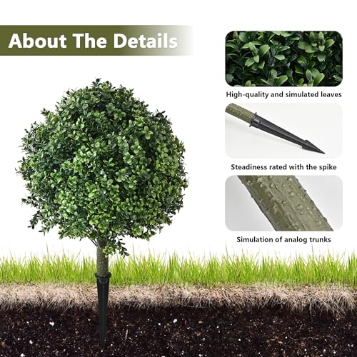 28" Artificial Boxwood Topiary Ball Trees with Ground Spike for Outdoor,Set of 2 UV Resistant Artificial Shrub Bushes,Artificial Plants,Fake Boxwood Plants for Indoor, Garden, Yard,Patio Décor - color: Green Boxwood