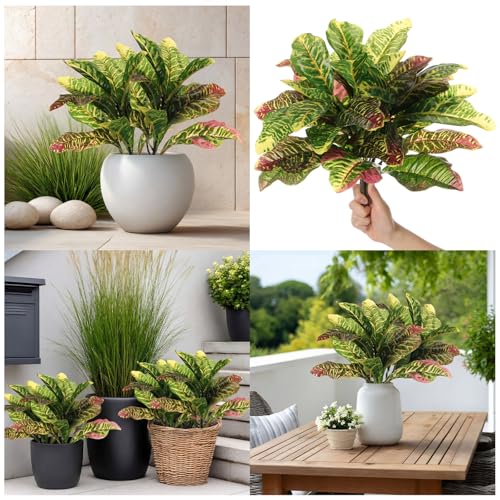Hotop 4 Pcs Artificial Croton Plant 15.8 Inch Faux Greenery Leaf Branches Lifelike Tropical Houseplant Bush Stems for Home Office Garden Pot Decoration