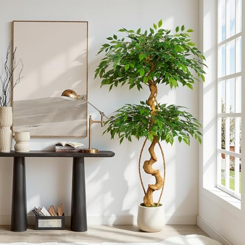 5ft Large Ficus Artificial Trees in White Pot, 60" Tall Fake Silk Tree with Natural Curved Trunk, Lush Faux Ficus Tree for Indoor Home Decor, Living Room, Office & Patio - size: 5ft