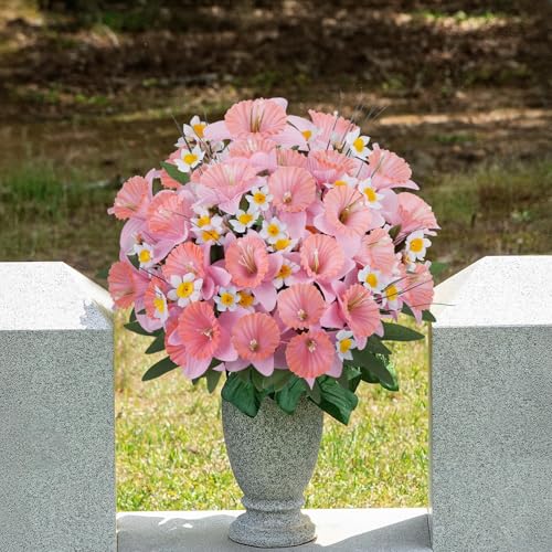 4PCS Flowers for Cemetery, Pink Artificial Daffodils 18" UV Resistant Grave Decorations, Faux Spring Floral Arrangements Memorial Flowers for Gravesite Headstone Vase, Outdoor Grave Site Decor - color: Pink-4pcs