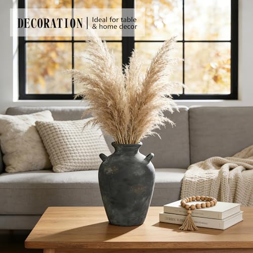 Ceramic Flower Vase with Handles, 9.2 Inch Rustic Vase Farmhouse Decorative Pottery Vase for Home Decor, Living Room, Bathroom, Kitchen, Shelf, Mantel, Black - color: 9.2"h-black