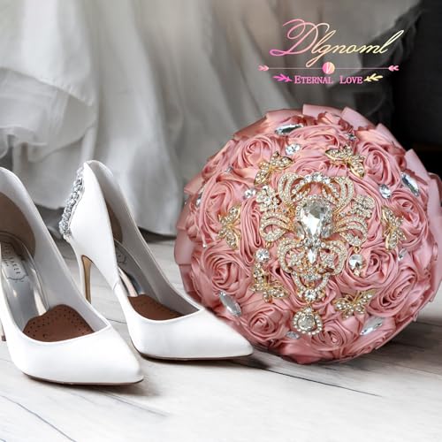 Artificial Everlasting Flower Hand Bouquet for Weddings and Photo Shoots, Crystal Peplum, Pink Rose Satin, Pearl Embellishments, Ribbon to Match, No Watering (Pink) - color: Expensivepink