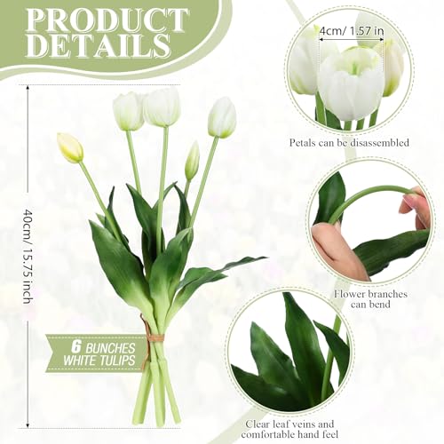 Riceshoot 30 Pcs Artificial Tulips Flowers 6 Bunches Faux Tulips Bouquets Arrangements Realistic Flowers for Office Wedding Party Kitchen Decoration(White) - color: White