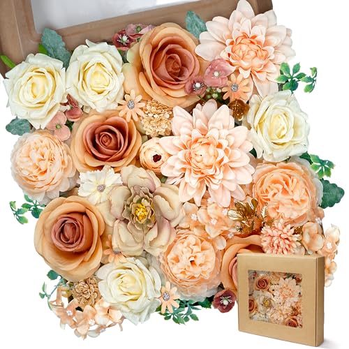 Champagne Artificial Flowers Rose Combo Silk Mix Fake Flowers with Stem for DIY Wedding Arch Bridal Bouquets Baby Shower Centerpieces Party Wall Home Decorations - color: Orange&champagne